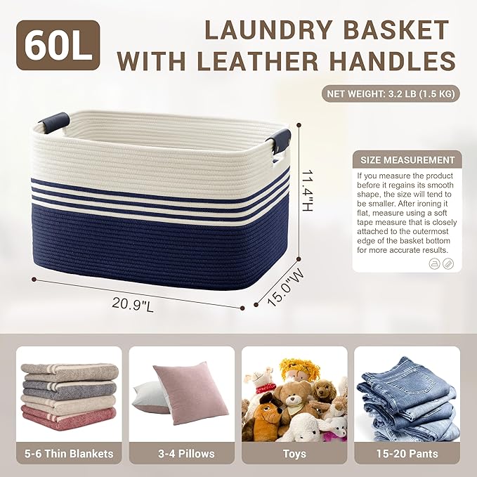SunNewt 60L Large Laundry Basket with Leather Handles for Living Room Storage, Woven Rope Baskets Bin for Blanket, Kids Toy, Gifts, Wicker Hamper for Bedroom Dirty Clothes, 21"x15"x11" White Navy