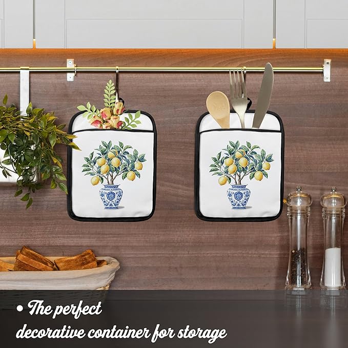 Blue and White Floral Lemon Pot Holders with Pockets, Lemon Gifts Pot Holders Heat Resistant Oven Mitts Hot Pads for Kitchen Baking Cooking,Potholders for Kitchens