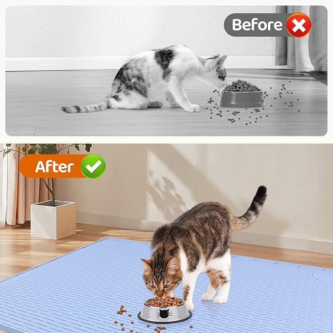Bartuke Cat Food Mat, 34" x 22" Large Silicone Pet Feeding Mat for Food and Water Bowls Non-Slip, Easy to Clean (Blue)