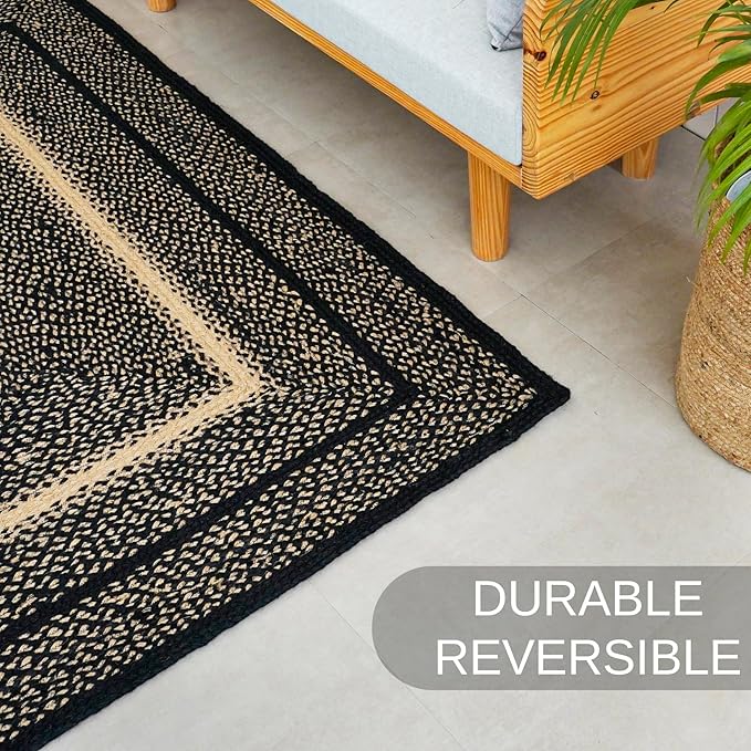 Traditional Jute Braided Rug, Rustic Country Décor for Kitchen, Living Room, Dining Room, Bedroom, Desert Black, 5'X7'
