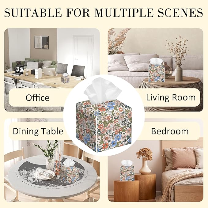 POIUBLE Vintage Floral Tissue Box Cover Leather Tissue Box Holder Square Facial Paper Organizer Dispenser for Bathroom Kitchen Bedroom Vanity Countertop Night Stands