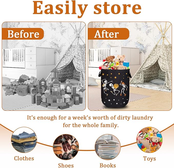 Dancing Skull Laundry Basket with Sturdy Handles, Halloween Funny Collapsible Oxford Cloth Laundry Hamper Organizer Basket for Bathroom Bedroom 15.7x20 Inch