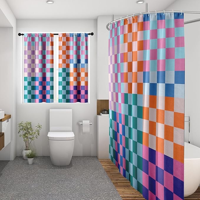 Culudea Retro Checkered Aesthetic Colorful Shower Curtain Set, Funky Checkerboard Modern Bathroom Window Waterproof Shower Curtain Set for Bathroom Decor
