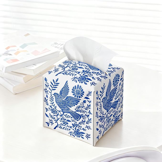 Blue Tissue Box Holder, Scandinavian Boho Bird Leather Tissue Box Cover Square, Paper Napkins Everyday Dispenser for Bathroom Vanity Countertop Night Stands Kitchen Office Car Home Decor