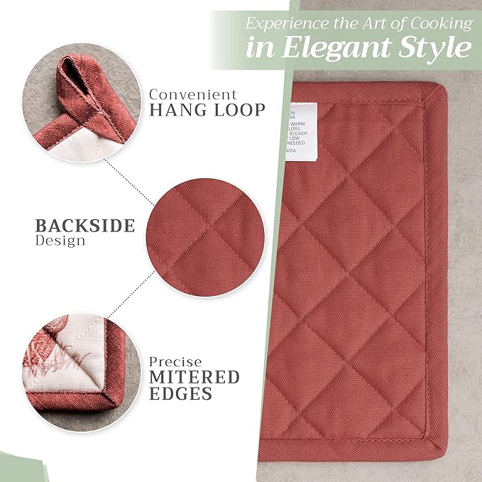 Maison d' Hermine Pot Holders Set 100% Cotton Heat Resistant Potholders 8" x 8" Hot Pads with Loop for Thanksgiving Christmas Decorations BBQ Baking Handling Hot Pans (Pack of 2, Holy Jouy - Brown)