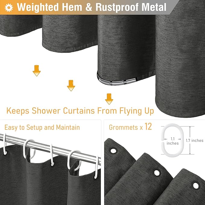 BTTN Extra Long Shower Curtain - 84 Inch Gray Linen Textured Heavy Duty Fabric Shower Curtain Set with 12 Hooks, Tall Luxury Simple Waterproof Cloth Shower Curtains for Bathroom, 72x84, Charcoal Grey