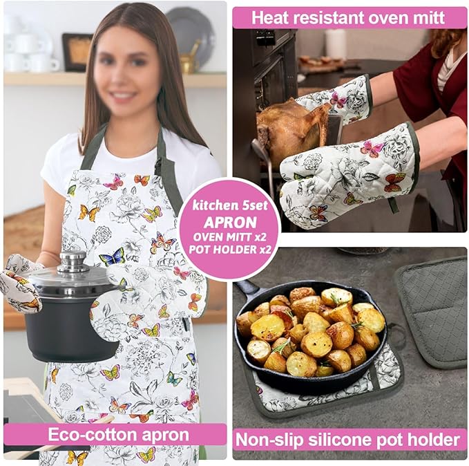 Oven Mitts and Pot Holders with Chaf Apron,Set of 5 Heat Resistant Kitchen Gloves and Silicone Non-Slip Potholders Adjustable Neck Buckle Apron, Cotton Nice Design for Cooking (Butterfly)