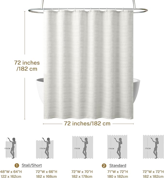 Siiluminisoy White Shower Curtain Fabric, White Textured Shower Curtain Farmhouse Cotton Blend Striped Shower Curtains for Bathroom Shabby Chic Rustic Decor 72" x 72"