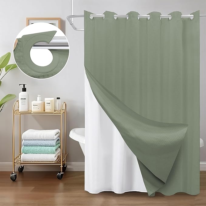 Inhousolu No Hook Waffle Weave Shower Curtain with Removable Snap in Fabric Liner Set for Bathroom, 230 GSM Heavy Duty Weighted Hem, Water Repellent Washable Bath Curtains, 72 x 84 Inch, Sage Green