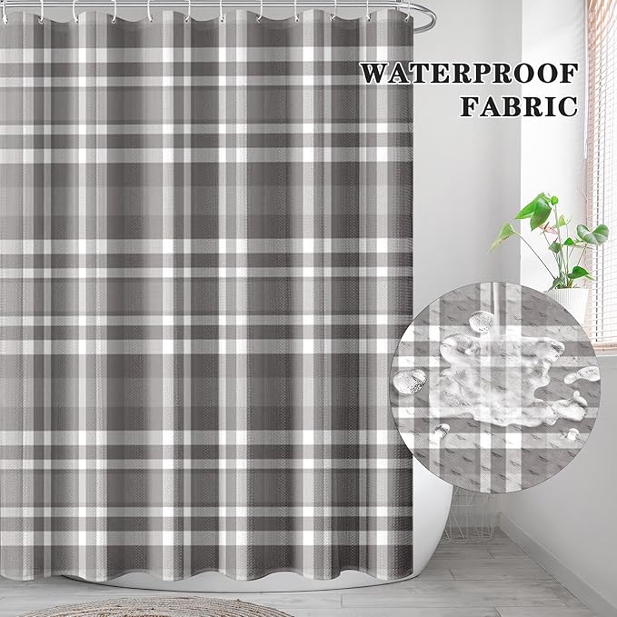 Culudea Grid Gray White Plaid Shower Curtain Set, Geometric Farmhouse Bathroom Window Waterproof Waffle Textured Cloth Shower Curtains for Bathroom Decor