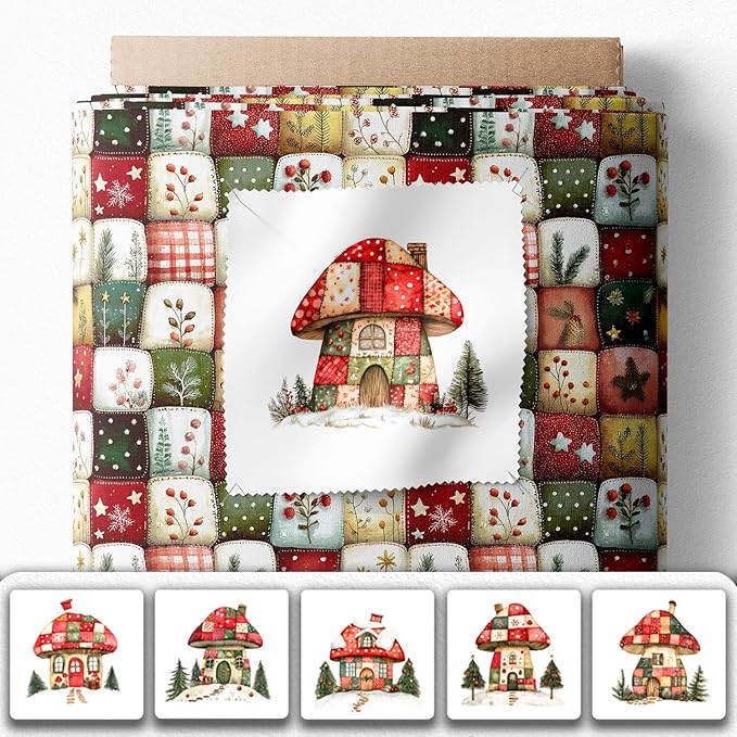 Christmas Cottage Patchwork Cotton Fabric Panel – 6 Designs (10"×10" inch Each) + Bonus Patchwork Sheet 29.5"×19.6" inch, 100% Cotton 140 GSM