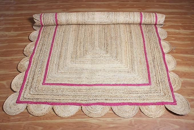 Scalloped Edge Rug, Hand Woven Natural Jute Area Rug, 8x10 Ft Beige & Pink Braided Sisal Kilim Rugs for Living Room, Kitchen, Entryway, Farmhouse