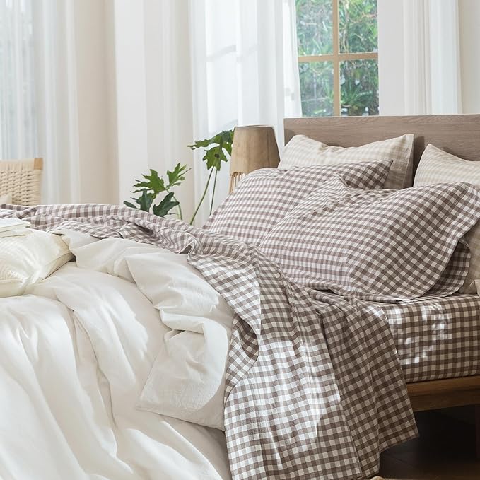 MooMee Gingham Sheet Set 100% Washed Cotton Linen Like Textured Breathable Soft w/Fully Elasticized 16-19" Deep Pocket (Classic Gingham Brown, Queen)