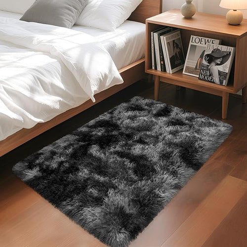 2x3 ft Shaggy Small Black Rug, Tie Dye Soft Fluffy Carpet Bedside Fuzzy Area Rug Non-Slip Bottom for Nursery Kids Bedroom Door Indoor Dog Mat Living Room Home Decor Aesthetic