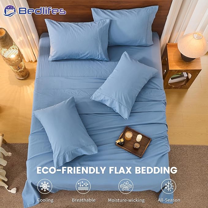 Bedlifes 100% French Pure Linen Sheets King Size Breathable and Cooling Flax Sheet Set Soft Durable and Moisture Wicking 16 Inch Deep Pocket-4 Piece(King,Flint Blue)