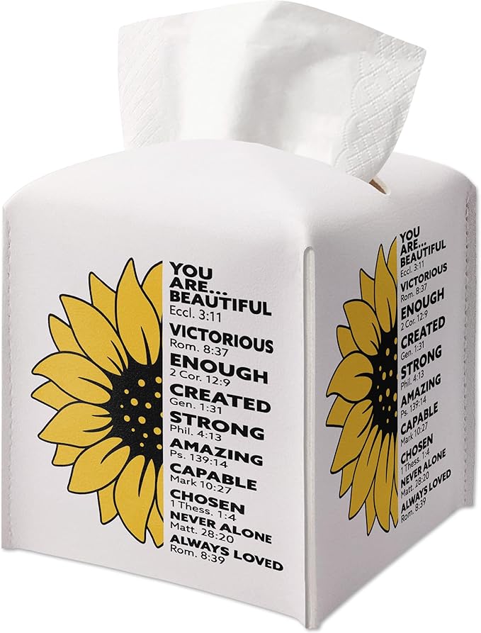 Christian Decorative Tissue Box Cover Square, Floral Tissue Box Cover Leather, Bible Verse Inspirational Gift Ideas for Friends, You are Beautiful Decor for Bathroom Office-(5.2 Inches)
