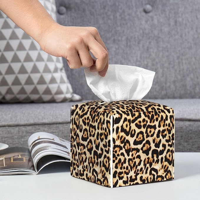 POIUBLE Leather Tissue Box Holder Leopard Print Tissue Box Cover Square Waterproof Tissue Holder Organizer Modern Napkin Holder for Bedroom Dresser Night Stand Office Desk