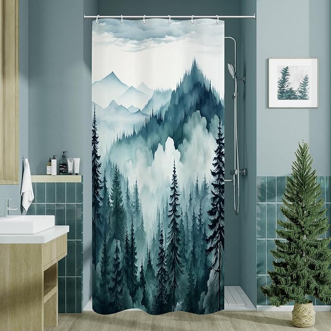 Litabel Peacock Blue Small Stall Misty Pine Forest Shower Curtain 36 x 72, Mountain Foggy Woodland Scenery Tree Narrow Half Size Shower Curtains for Bathroom, Abstract Waterproof Nature-Themed Decor