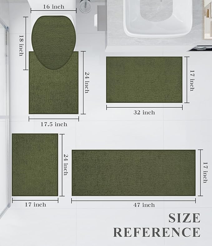 chakme Bathroom Rug Sets 5 Piece, Ultra Thin Bath Mat Quick Dry, Absorbent, Non Slip, Machine Washable, Dark Green, 17" x 24" / 17" x 30" / 17" x 59"