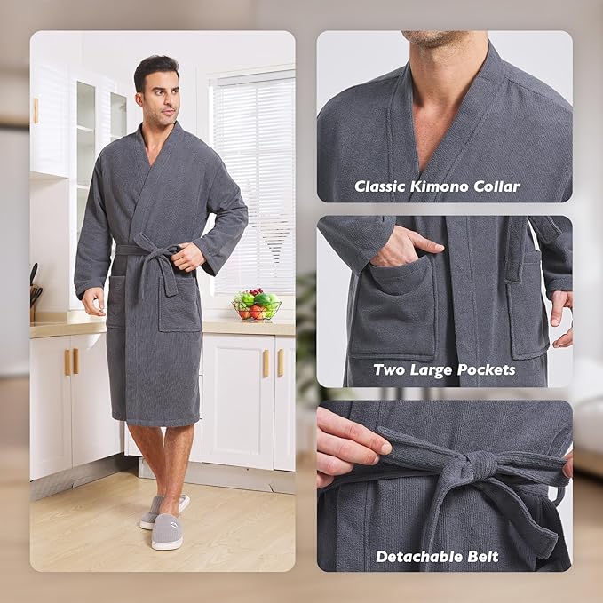 FashGudim Terry Cloth Robes for Men Big and Tall Short Mens Kimono Robe Super Absorbent Spa Bathrobe Calf Length With Pockets