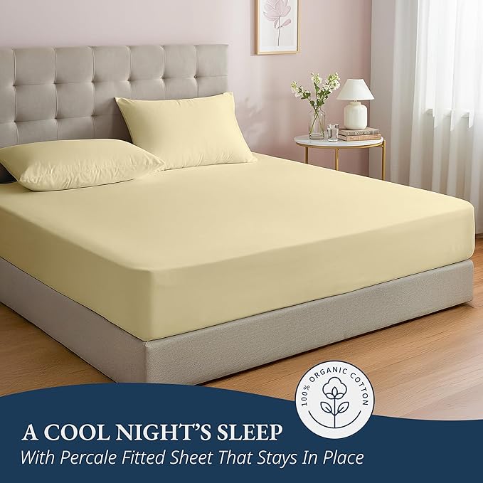LANE LINEN Fitted Sheet King Size, 100% Organic Cotton, 3-Piece Set (1 Fitted Sheet,2 Pillowcases), Percale Weave, Ultra Soft, Breathable,Fits Mattress Upto 15" Deep - Vanilla (No Flat Sheet)
