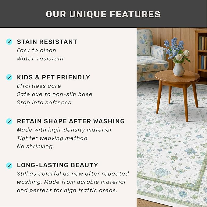 Blue and Green Washable Rugs 3x6 - Vintage Boho Floral Pastel Cream, Washable Low Pile Non Slip Small Throw Accent Area Rug for Entry Way, Laudry Room, Kitchen, Bedroom Beside Bed Decor