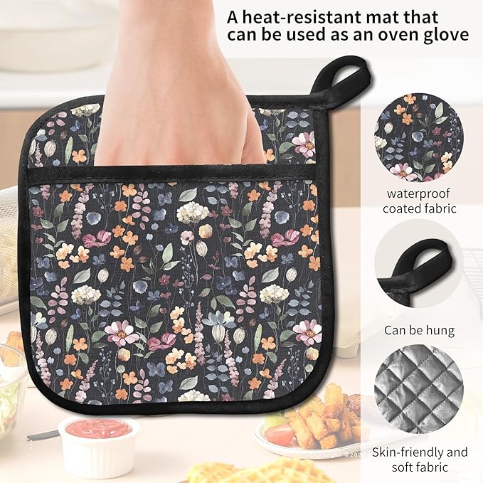 2 Pack Pot Holders for Kitchen Clearance, Cute Hot Pads, Funny Oven Pot Holders, Potholders Sets for Kitchen Heat Resistant Colorful Boho Leaf
