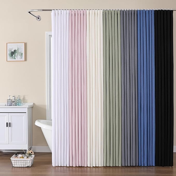 OVZME Extra Long Shower Curtain Set- 96 Inch Long Waffle Weave Heavy Duty Fabric Shower Curtains for Bathroom, Luxury Heavy Duty Thick Cloth Shower Curtain with 12 Plastic Hooks, 72x96, Black