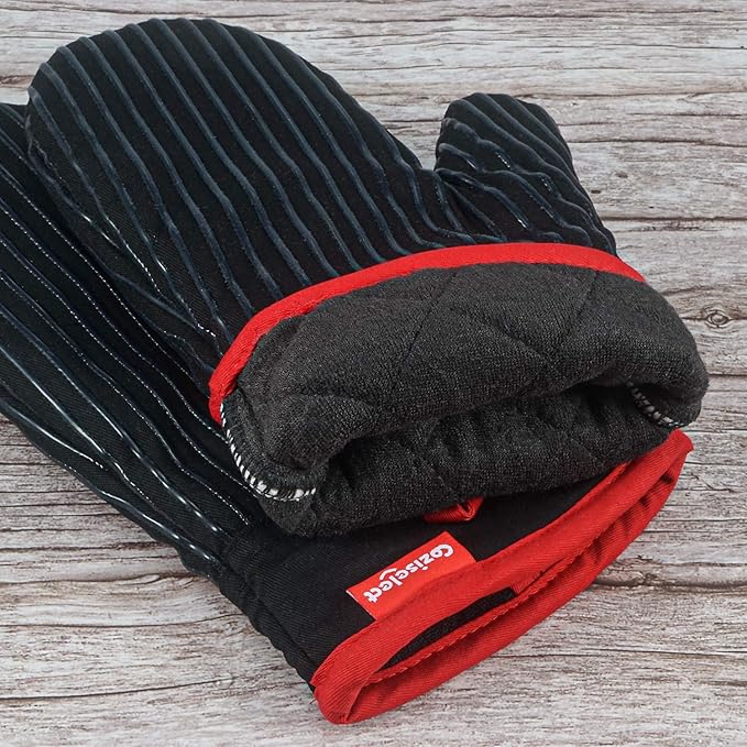 Oven Mitts and Pot Holders Set, Cooking Mitts, Heat Resistant Cooking Mitts and Pot Holders, Silicon Oven Gloves Set for Kitchen, Pure Cotton and Terrycloth Lining, Black, 4 Pcs Set