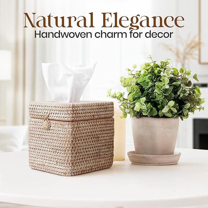 Whitewash Rattan Tissue Box Cover – 5.5x5.5x5.9 Inch - Stylish Handwoven Tissue Holder with Lid - Ideal for Bathroom Vanity, Bedroom, or Living Room Home Accent
