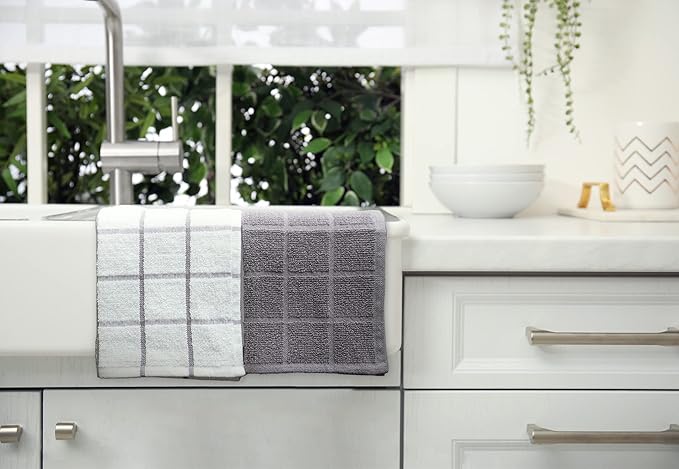 Mellow Buff 100% Cotton Terry Dish Cloth & Dish Towel, 6 Pack, Super Soft and Absorbent Kitchen Towels, Perfect for Kitchen Cleaning and Dish Washing (Grey (Solid and Checks) 8 Pack)