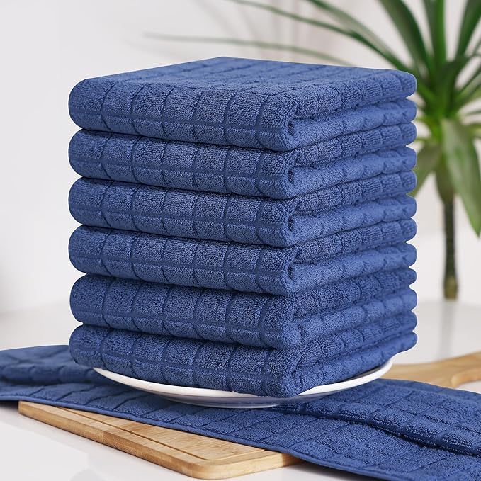 Homaxy Premium Cotton Kitchen Towels 16"x 28", Large Natural Ring Spun 390 GSM Dish Towels, Super Absorbent Terry Kitchen Hand Towels, Soft Tea Towels with Hanging Loop, Pure Navy Blue Design, 12 Pack