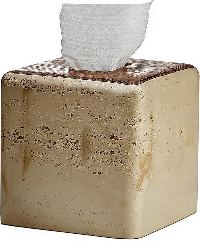 Natural Travertine & Wood Textures Tissue Box Cover Square for Home Decor,Resin Heavy Tissue Box Holder for Bathroom Countertop,Tabletop,Bedside Table,Office (Handmade of Resin)