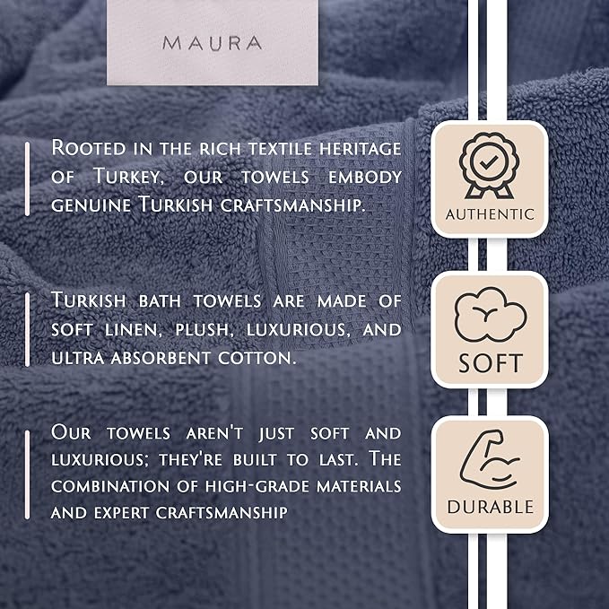 MAURA Indigo Blue Extra Large Turkish Cotton Luxury Bath Towels Set of 4. Ultra-Soft, Thick & Plush Towels for Bathroom - Denim Blue