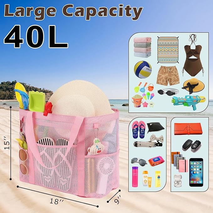 Fammart Mesh Beach Bag, Large Beach Tote Bags with Zipper, Toys Pool Bag for Family Travel Vacation Cruise Essentials