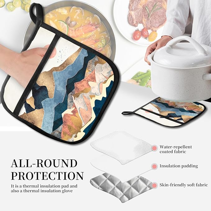 Pot Holders for Kitchen, Heat Resistance Hot Pads, Cute Potholder with Pocket for Kitchen Cooking Baking 2 Packs, Beautiful Mountain View