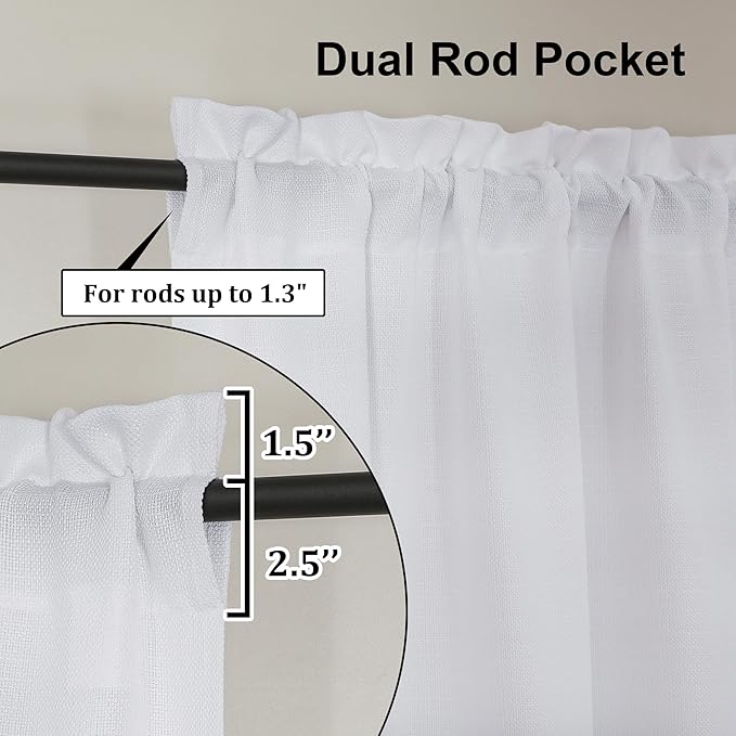 Lecloud Bessie White Curtains 54 Inch Length 2 Panels Set, Faux Linen Semi Sheer Curtains Drapes, Elegant Window Treatments for Bedroom Decor with Rod Pocket, Each 30 W x 54 L