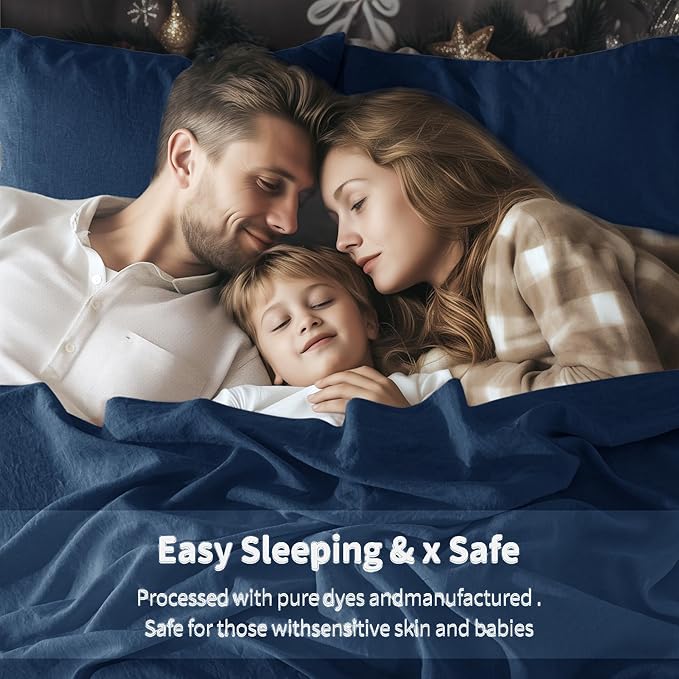 LBRO2M 100% Linen Sheet Set 16" Deep Pocket King Size,Bed Sheets 4 Piece Sets,Solid Color Natural Flax Bed Sheets Soft Breathable Bedding, All Season (King, Navy Blue)