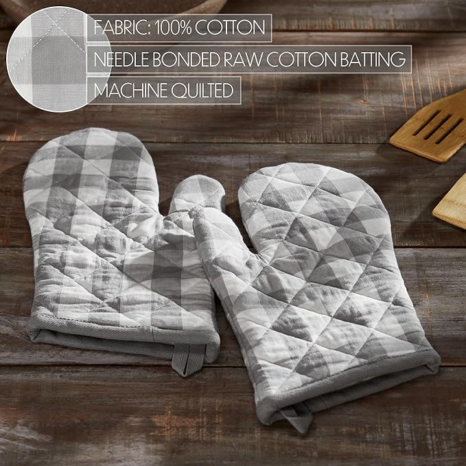 VHC Brands Cotton Oven Mitt Set of 2, Heat Resistant, Baking Glove Pot Holder, Kitchen Mitts, Annie Buffalo Check Collection, 12.5x8, Ash Grey & White Checkered