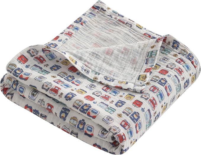 NTBAY 2 Layer Muslin Cotton Baby Swaddle Blanket, 42x60 Soft and Breathable Receiving for Newborns and Infants, Perfect for Crib, Stroller, Travel, Lightweight Nursery Blanket, Cartoon Train