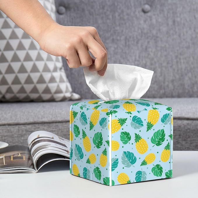 POIUBLE Pineapple and Tropical Leaves Tissue Box Cover Leather Tissue Box Holder Square Facial Paper Organizer Dispenser for Bathroom Kitchen Bedroom Vanity Countertop Night Stands
