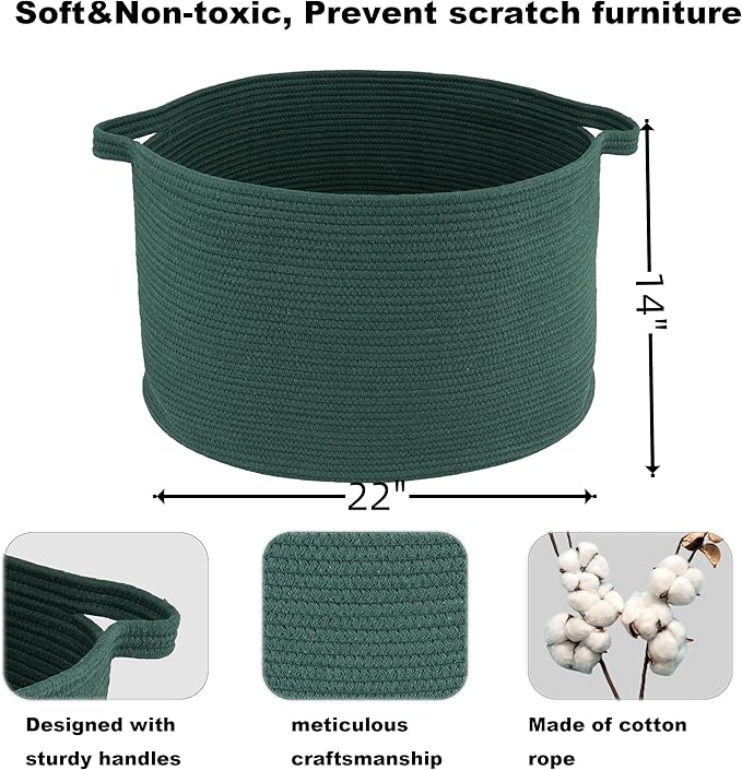 XUANGUO Large Cotton Rope Basket – 22"x14" Woven Storage Basket for Blankets, Toys, Laundry, and Nursery – Round Baskets for Living Room and Kids Dark Green