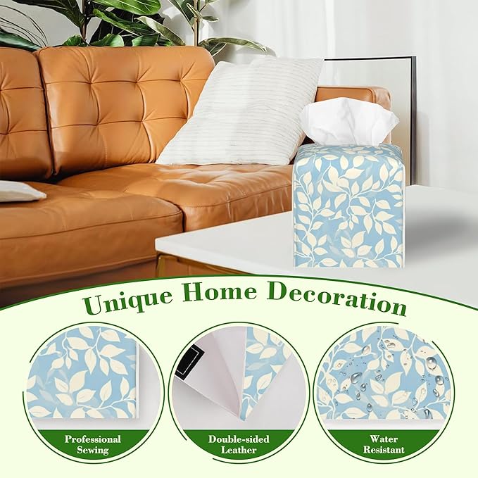 Light Blue and Cream Eucalyptus Leaves Tissue Box Cover Square Leather Tissue Holder Waterproof Facial Paper Organizer Dispenser Cube Paper Cover Case for Home Office Bathroom Vanity Countertop