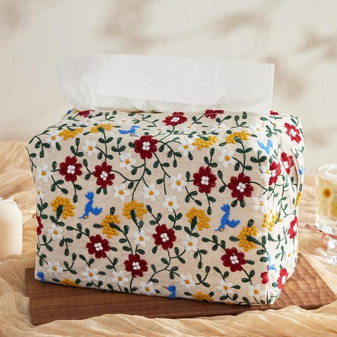 Hausfrau Tissue Box Cover Rectangular Embroidered Jacquard Linen Tissue Holder Case Decorative for Bathroom Vanity Countertop Desk Office, 10"x5.3"x5.3", Bird Flower