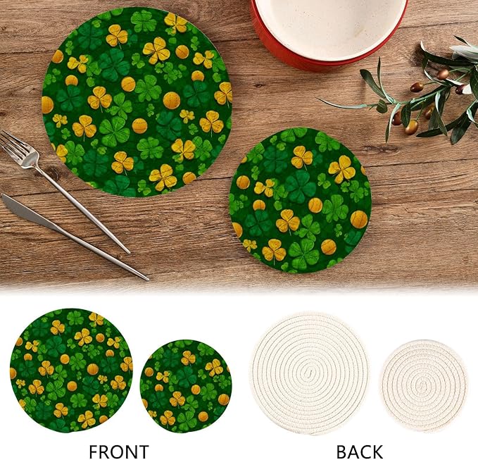 Boccsty Saint Patricks Day Trivet Mat 2PCS Clover Leaves Coin Round Woven Potholders Kitchen Table Countertop Protector Hot Pads Farmhouse Coasters Counter Mats for Cooking Baking
