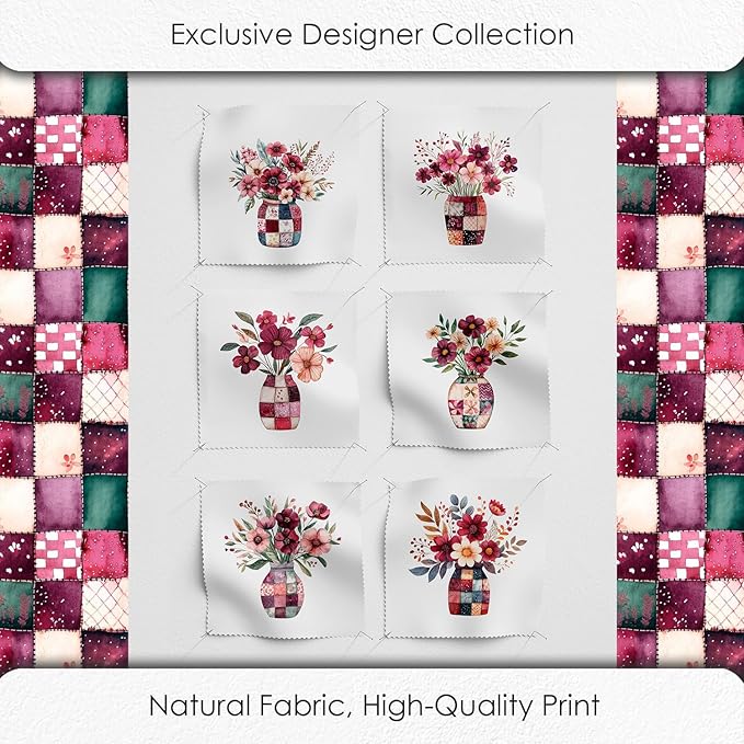 Cotton Satin Fabric Panel with Floral Patchwork Designs – 6 Printed Panels 9.8×9.8 in, Continuous Uncut Fabric Sheet 29.5×19.7 in, 100% Cotton for Quilting, Sewing & DIY