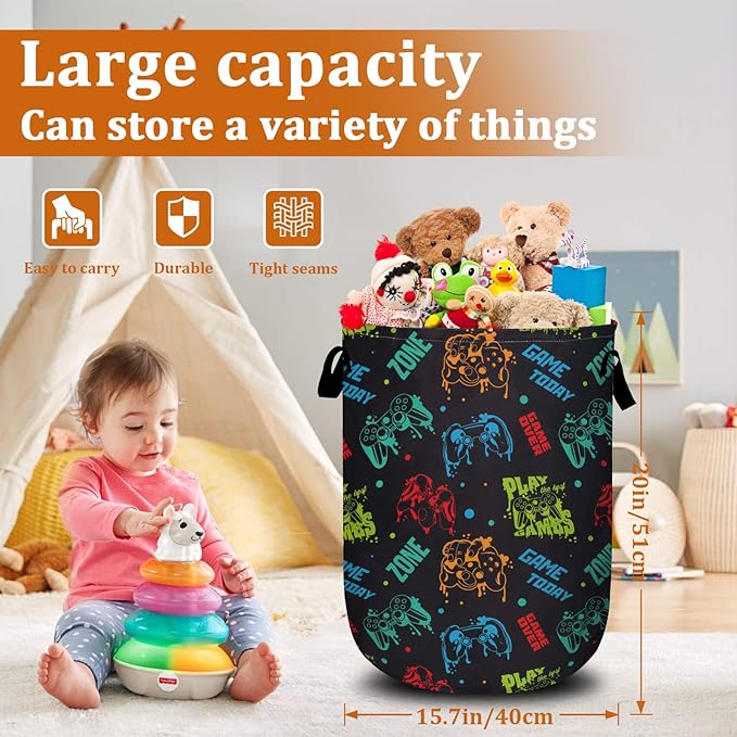 Colorful Game Machine Laundry Basket with Sturdy Handles, Collapsible Oxford Cloth Laundry Hamper Organizer Basket for Bathroom Bedroom 15.7x20 Inch