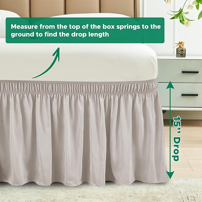 Biscaynebay Wrap Around Bed Skirts for Full & Full XL Beds 15" Drop, Camel Grey Adjustable Elastic Dust Ruffles Easy Fit Wrinkle & Fade Resistant Silky Luxurious Fabric Machine Washable