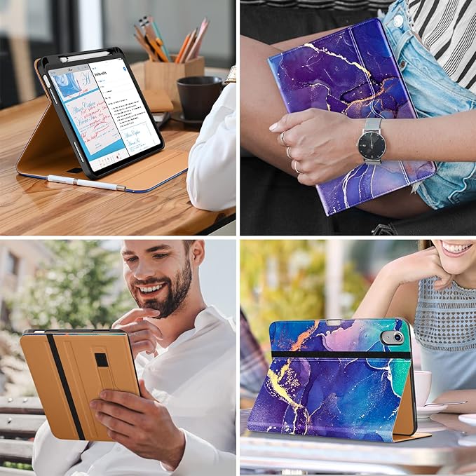 DTTO for iPad (A16) 11th Generation Case 11 Inch 2025, iPad 10th Generation Case 10.9 Inch 2022, Premium Leather Business Folio Stand Cover with Pencil Holder - Auto Wake/Sleep, Royal Marble