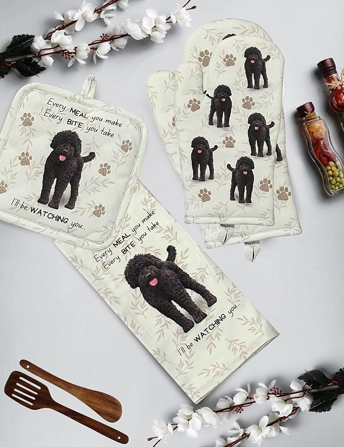 Labradoodle 3-Piece Kitchen Set - Oven Mitt, Pot Holder & Kitchen Towel Set, Heat Resistant up to 420 F, Soft Quilted Cotton for Cooking, Baking, BBQ, Pet Lover Gifts (Labradoodle)